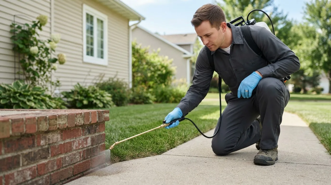 Pest control technician treating a home near Van Tassell, WY